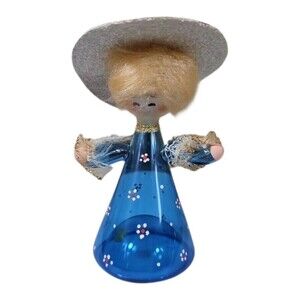 Vintage De Carlini Girl w/ Blue Dress Daisies & Hat Christmas Ornament Italy